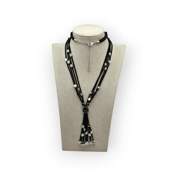Black Multi Strand Cord Necklace Silver Beaded Tassel Drop Necklace - Picture 6 of 6